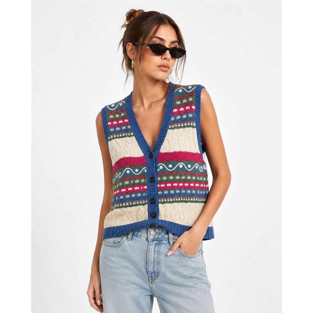Koret Sweater Vest Womens Small Blue Multi Cable Knit Button Front Grandmacore
